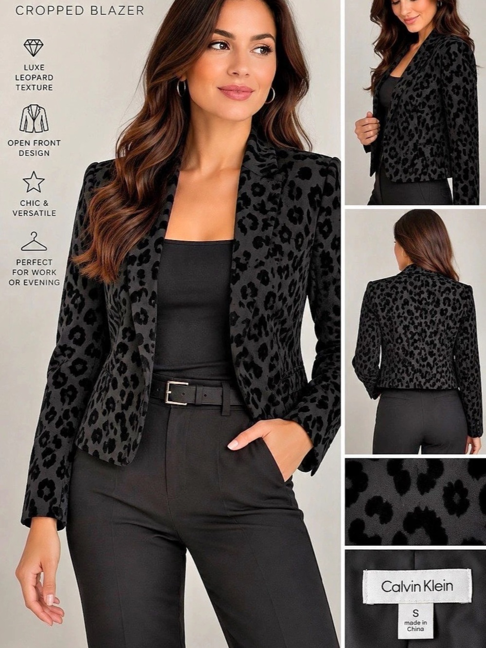 Calvin Klein Black Flocked Leopard Print Cropped Open Front Blazer Small